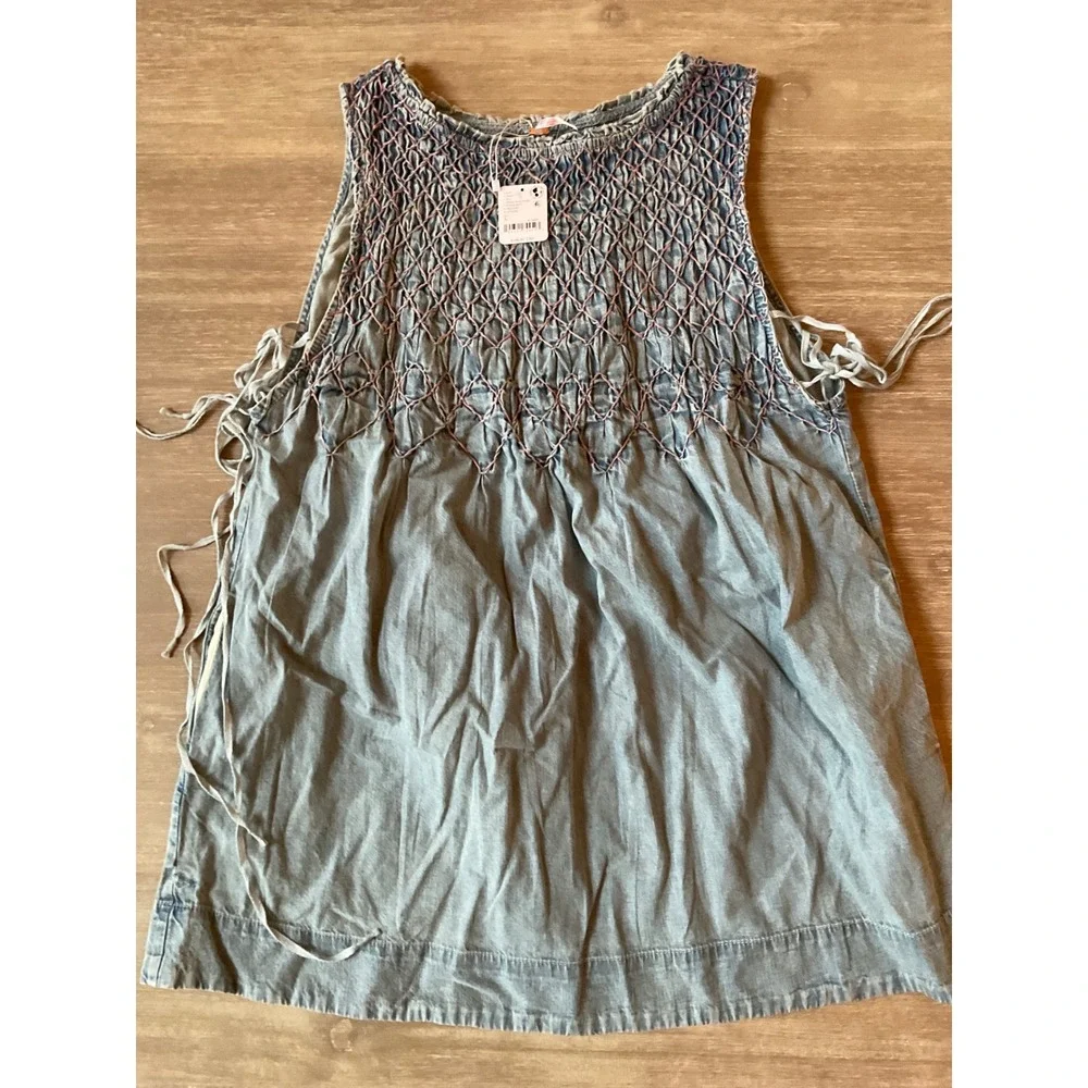 Free People Maisie Smocked Denim Mini Dress Large New With Tags